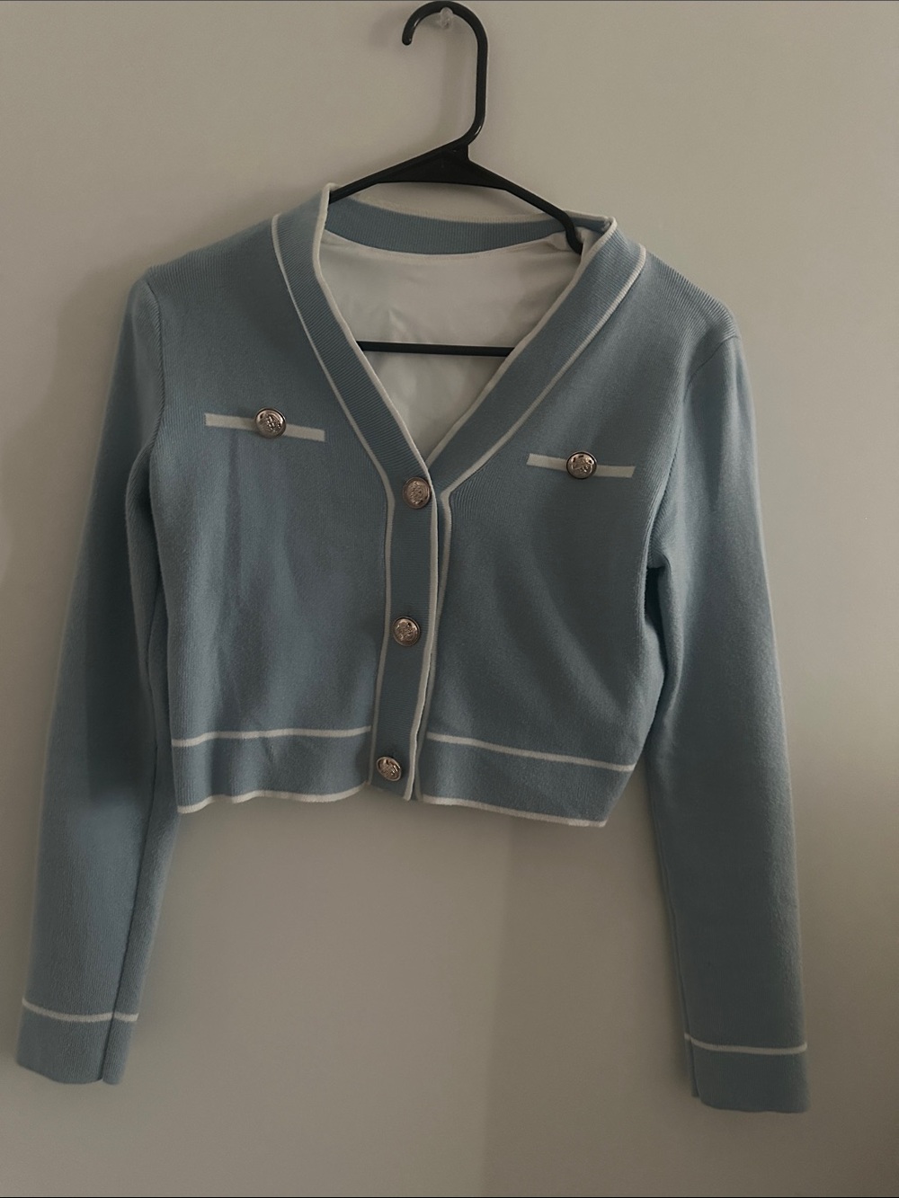 Light Blue Contrast Trim Cropped Cardigan Sweater With Square Neck WhiteCrop Top